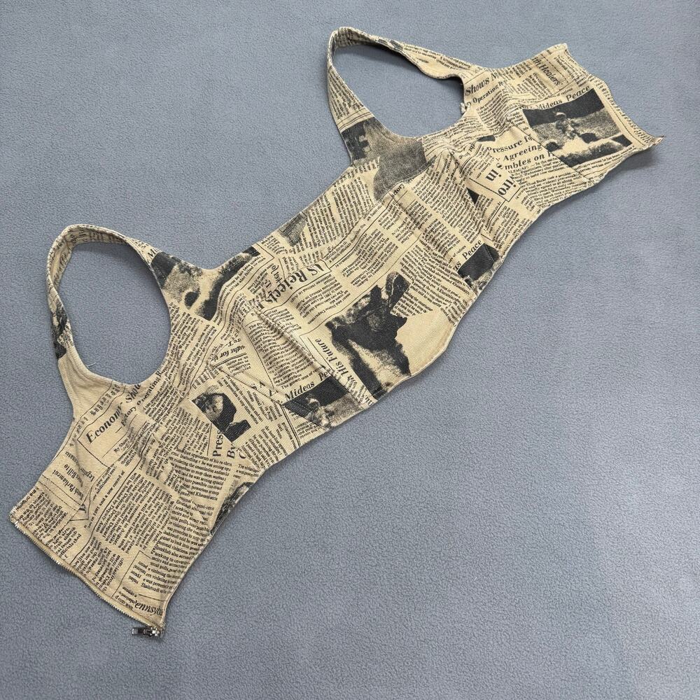Isalis Newspaper Denim Bustier Crop Top Womens S Tan Square Neck Tank Retro - Picture 4 of 9